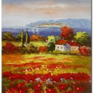 Flower Field Landscape Oil Painting Italian Tuscany Landscape Poppy Field Vineyard-081 High