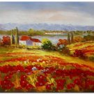 Flower Field Landscape Oil Painting Italian Tuscany Landscape Poppy Field Vineyard-086 High