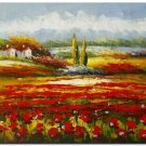 Flower Field Landscape Oil Painting Italian Tuscany Landscape Poppy Field Vineyard-089 High