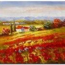 Flower Field Landscape Oil Painting Italian Tuscany Landscape Poppy Field Vineyard-091 High