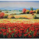 Flower Field Landscape Oil Painting Italian Tuscany Landscape Poppy Field Vineyard-094 High