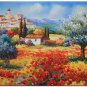 Flower Field Landscape Oil Painting Italian Tuscany Landscape Poppy Field Vineyard-097 High