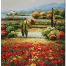 100% Handmade Flower Field Landscape Oil Painting Italian Tuscany Landscape Poppy Field