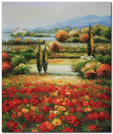 100% Handmade Flower Field Landscape Oil Painting Italian Tuscany Landscape Poppy Field