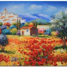 Flower Field Landscape Oil Painting Italian Tuscany Landscape Poppy Field Vineyard-107 High