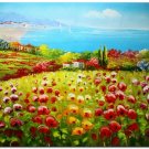 Flower Field Landscape Oil Painting Italian Tuscany Landscape Poppy Field Vineyard-114 High