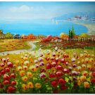 Flower Field Landscape Oil Painting Italian Tuscany Landscape Poppy Field Vineyard-115 High