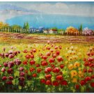 Flower Field Landscape Oil Painting Italian Tuscany Landscape Poppy Field Vineyard-121 High