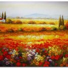 Flower Field Landscape Oil Painting Italian Tuscany Landscape Poppy Field Vineyard-130 High