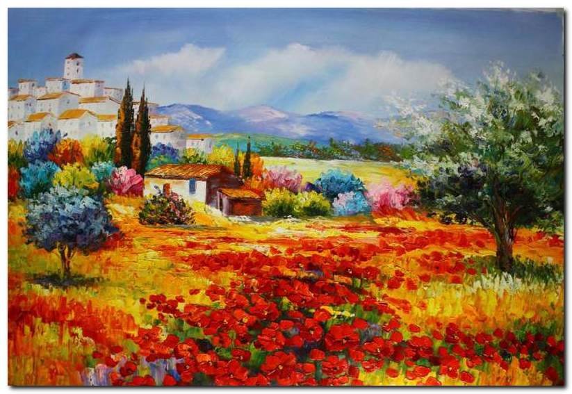 Flower Field Landscape Oil Painting Italian Tuscany Landscape Poppy ...