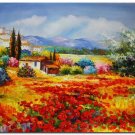 Flower Field Landscape Oil Painting Italian Tuscany Landscape Poppy Field Vineyard-131 High
