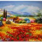 Flower Field Landscape Oil Painting Italian Tuscany Landscape Poppy Field Vineyard-131 High