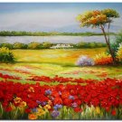 Flower Field Landscape Oil Painting Italian Tuscany Landscape Poppy Field Vineyard-134 High