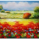 Flower Field Landscape Oil Painting Italian Tuscany Landscape Poppy Field Vineyard-143 High