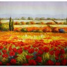 Flower Field Landscape Oil Painting Italian Tuscany Landscape Poppy Field Vineyard-153 High