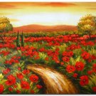 Flower Field Landscape Oil Painting Italian Tuscany Landscape Poppy Field Vineyard-156 High