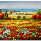 Flower Field Landscape Oil Painting Italian Tuscany Landscape Poppy Field Vineyard-166 High
