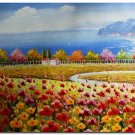Flower Field Landscape Oil Painting Italian Tuscany Landscape Poppy Field Vineyard-168 High