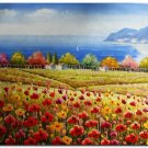 Flower Field Landscape Oil Painting Italian Tuscany Landscape Poppy Field Vineyard-170 High