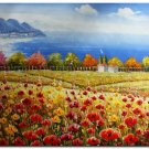 Flower Field Landscape Oil Painting Italian Tuscany Landscape Poppy Field Vineyard-173 High