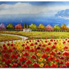 Flower Field Landscape Oil Painting Italian Tuscany Landscape Poppy Field Vineyard-174 High