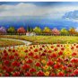 Flower Field Landscape Oil Painting Italian Tuscany Landscape Poppy Field Vineyard-174 High