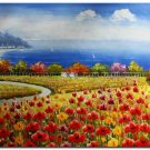 Flower Field Landscape Oil Painting Italian Tuscany Landscape Poppy Field Vineyard-175 High