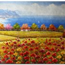 Flower Field Landscape Oil Painting Italian Tuscany Landscape Poppy Field Vineyard-178 High