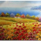 Flower Field Landscape Oil Painting Italian Tuscany Landscape Poppy Field Vineyard-180 High