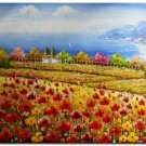 Flower Field Landscape Oil Painting Italian Tuscany Landscape Poppy Field Vineyard-183 High