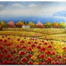 Flower Field Landscape Oil Painting Italian Tuscany Landscape Poppy Field Vineyard-184 High