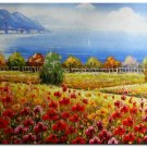 Flower Field Landscape Oil Painting Italian Tuscany Landscape Poppy Field Vineyard-185 High