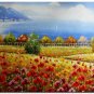Flower Field Landscape Oil Painting Italian Tuscany Landscape Poppy Field Vineyard-185 High