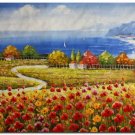 Flower Field Landscape Oil Painting Italian Tuscany Landscape Poppy Field Vineyard-193 High