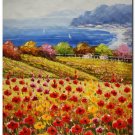 Flower Field Landscape Oil Painting Italian Tuscany Landscape Poppy Field Vineyard-196 High