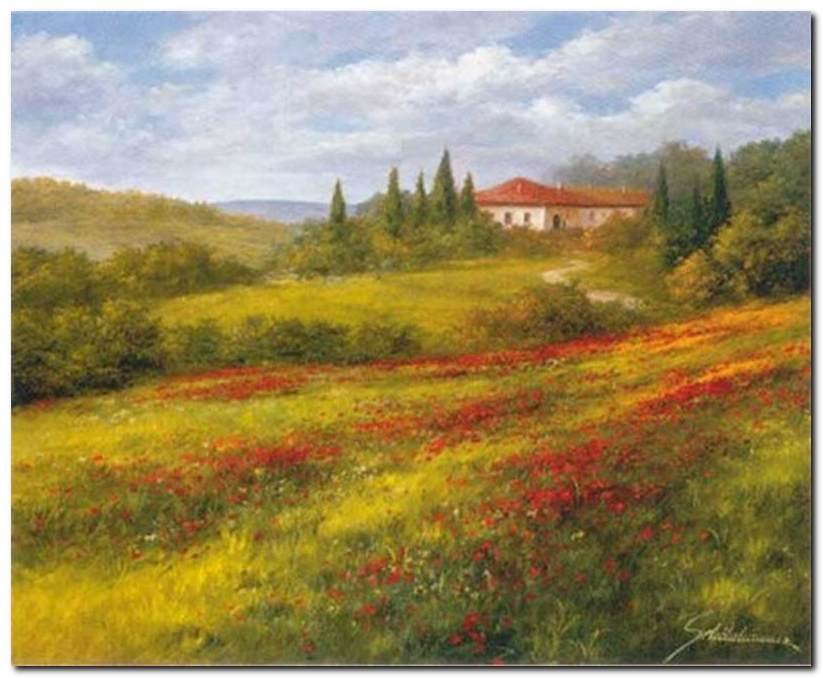Flower Field Landscape Oil Painting Italian Tuscany Landscape Poppy ...