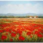 Flower Field Landscape Oil Painting Italian Tuscany Landscape Poppy Field Vineyard-225 High
