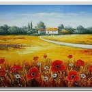 Flower Field Landscape Oil Painting Italian Tuscany Landscape Poppy Field Vineyard-228 High