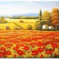 Flower Field Landscape Oil Painting Italian Tuscany Landscape Poppy Field Vineyard-229 High