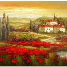 Flower Field Landscape Oil Painting Red Poppies Tuscany Italian Sunset High Quality Handmade