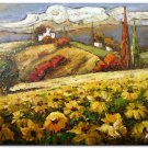 100% Hand-Paint Flower Field Landscape Oil Painting Tuscan Castle Sunflower Hill Italian High
