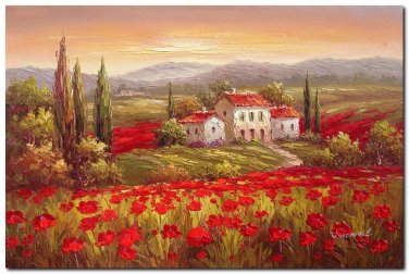 100% Handmade Flower Field Landscape Oil Painting Tuscany Art Italian Italy Vineyard Wine Oil