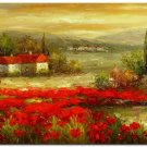 Flower Field Landscape Oil Painting Tuscany Sunset Red Poppies By Pond High Quality Handmade