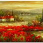 Flower Field Landscape Oil Painting Tuscany Sunset Red Poppies By Pond High Quality Handmade