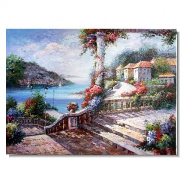 Garden by Mediterranean Sea Impressionist Landscape Oil Painting Canvas Art High Quality Home &