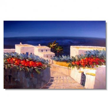 100% Hand-Paint Greek Isle Mediterranean Resort Home Impressionist Landscape Oil Painting Canvas