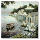 Greek Mediterranean Boat Houses Flowers Impressionist Landscape Oil Painting Canvas Art High