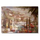 Greek Mediterranean Harbor Boats Impressionist Landscape Oil Painting Canvas Art High Quality