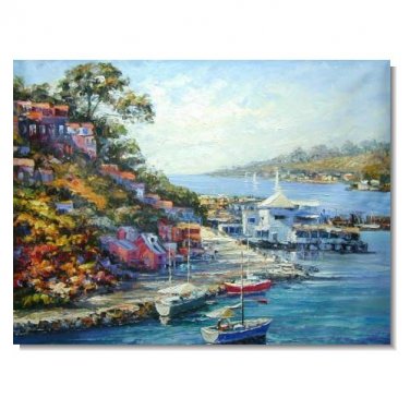 100% Hand-Paint Greek Mediterranean Harbor Seascape Impressionist Landscape Oil Painting Canvas