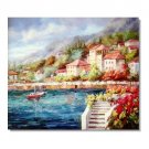 Greek Mediterranean Town by Sea Flowers Impressionist Landscape Oil Painting Canvas Art High